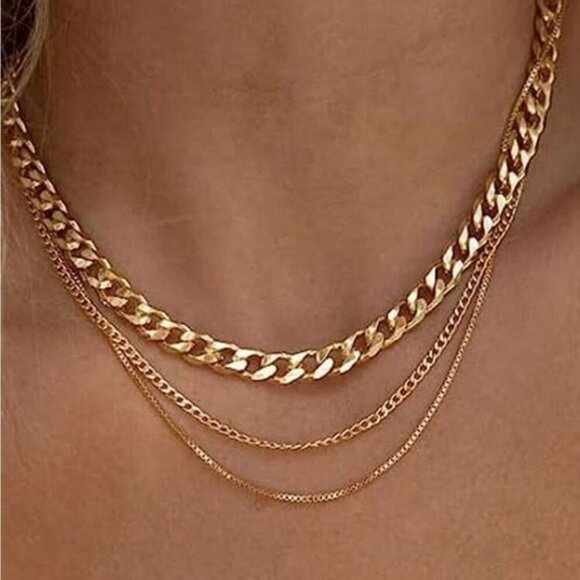 Layered 18K Gold Plated Stainless Steel Chain Necklace Set For Women Adjustable - Picture 1 of 5